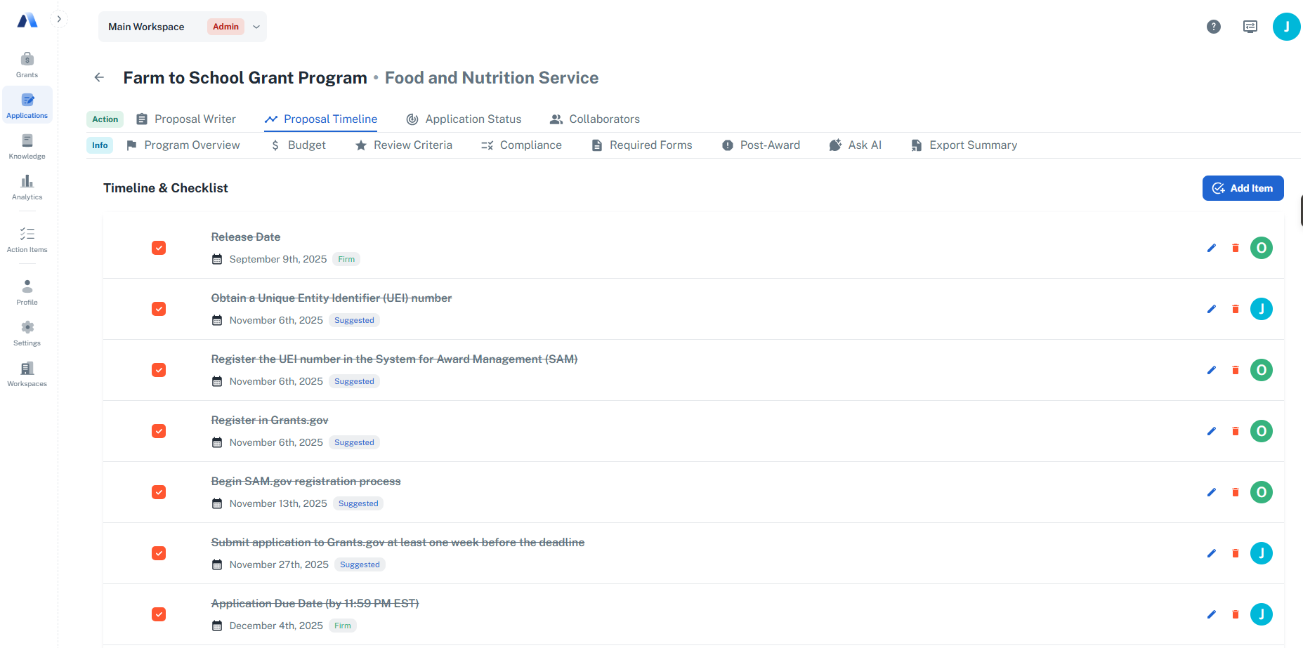Avila grant timeline and checklist showing task assignments and deadlines