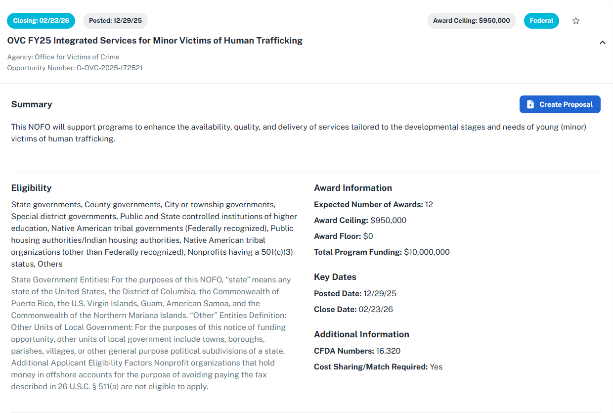 Avila grant detail page showing eligibility criteria, award ceiling, and key dates