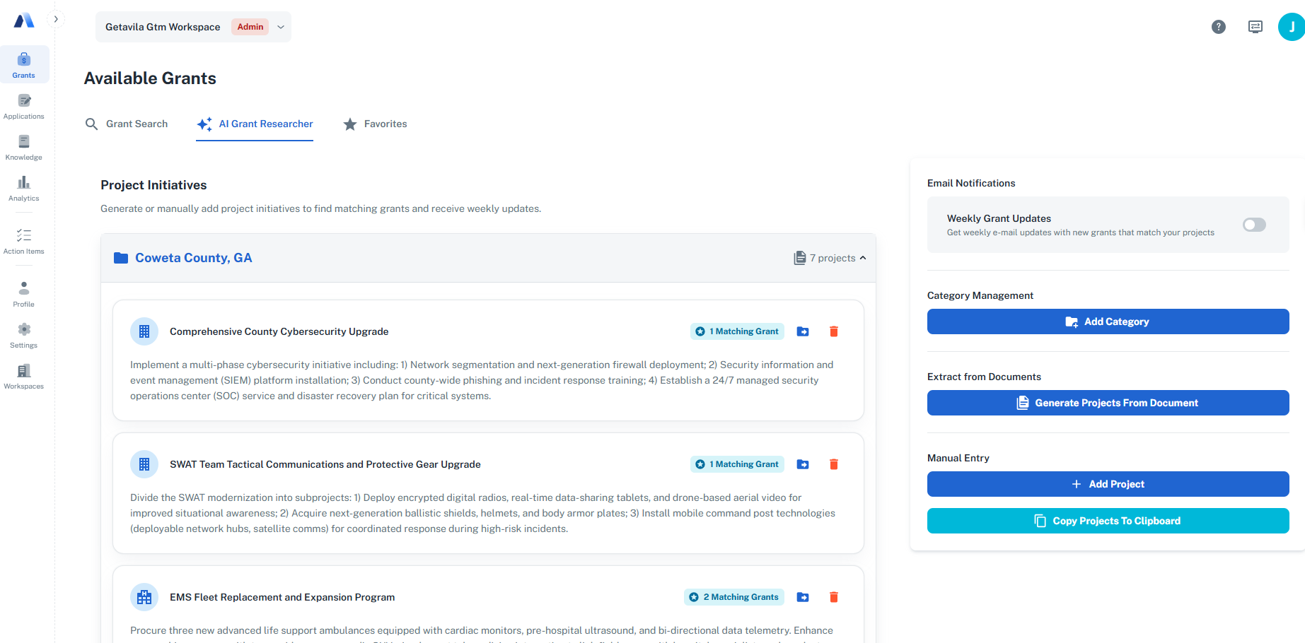 Avila AI Grant Researcher interface showing matched grant opportunities for local governments