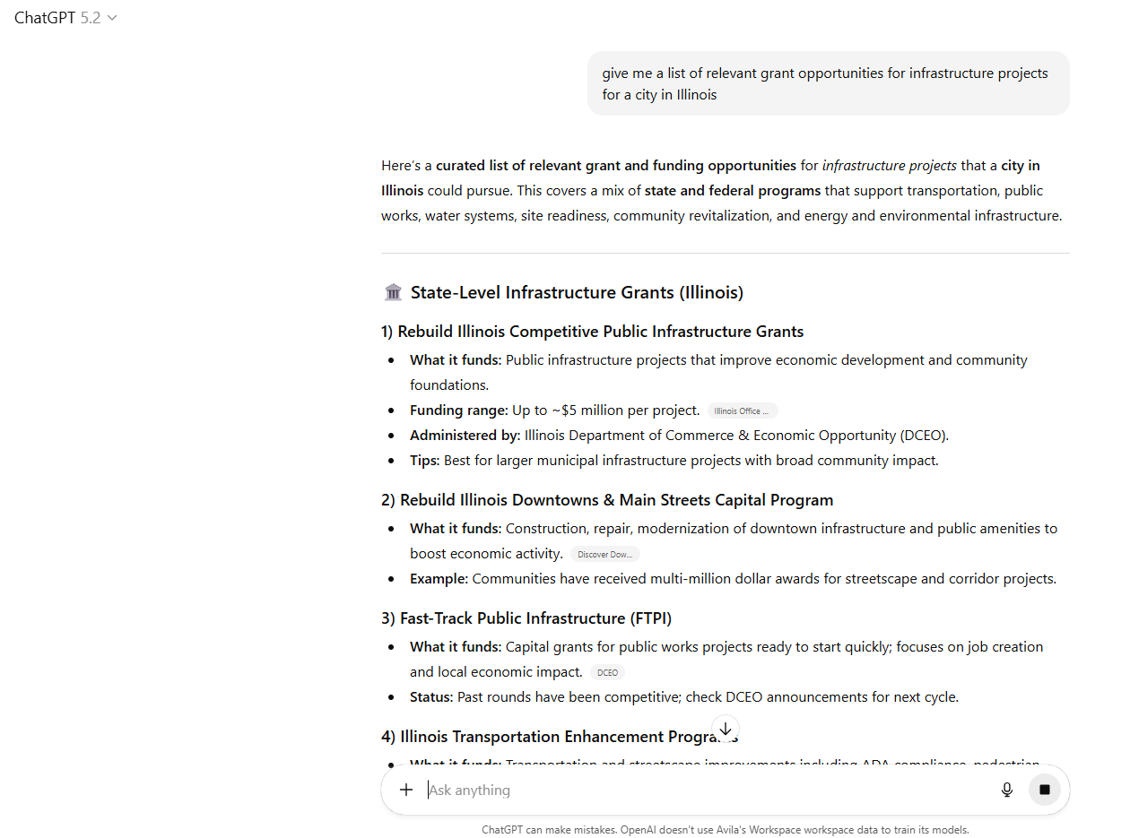ChatGPT generating a list of infrastructure grant opportunities for an Illinois city