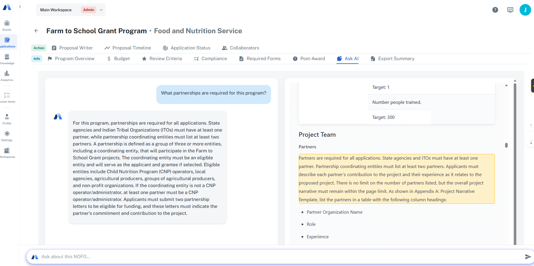 Avila Ask AI feature answering questions about NOFO partnership requirements