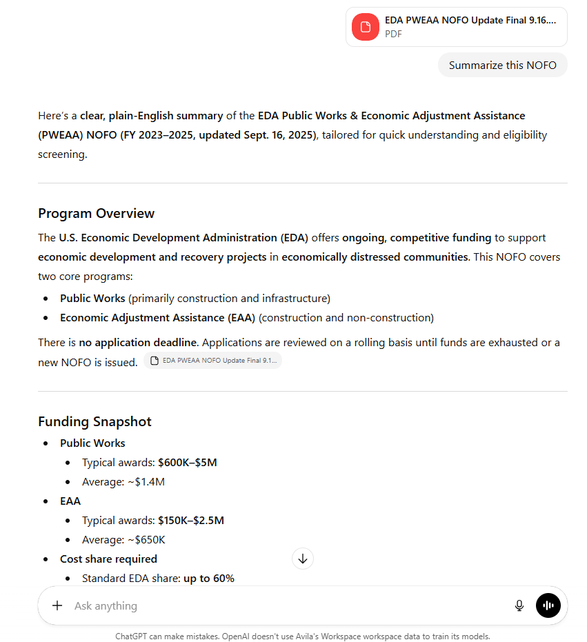 ChatGPT summarizing a NOFO with program overview and funding snapshot