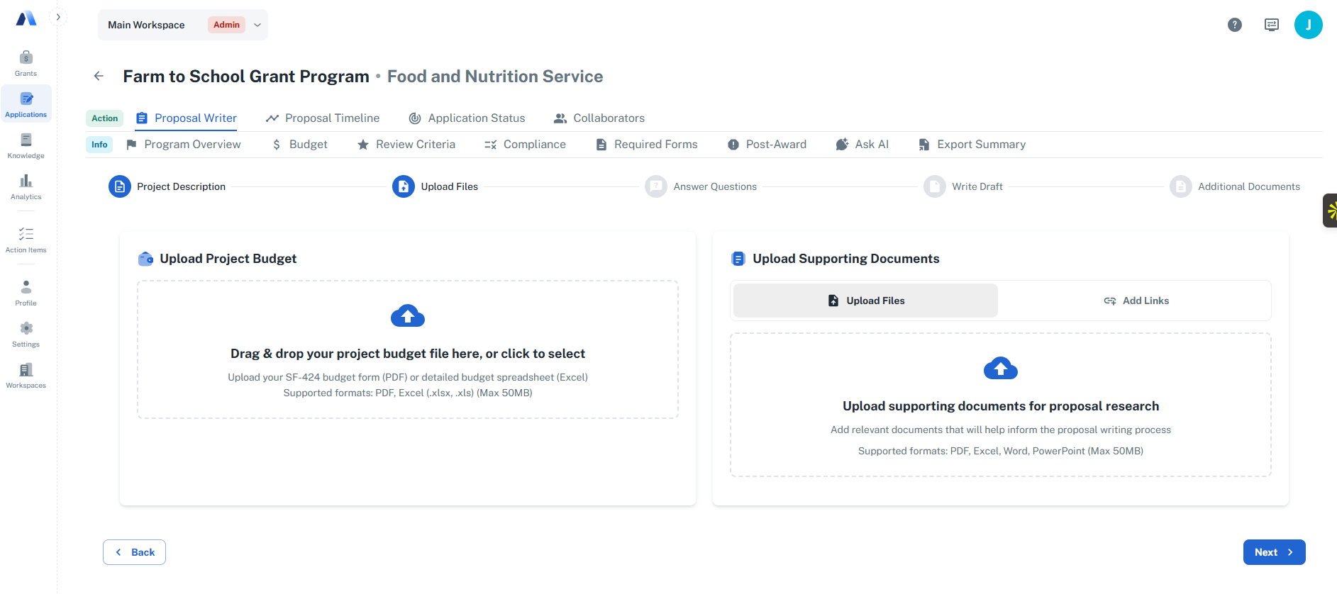 Avila proposal writer interface for uploading project budgets and supporting documents