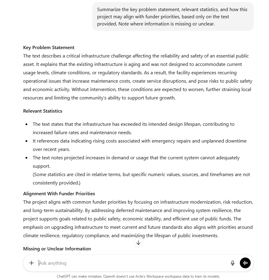ChatGPT analyzing project alignment with funder priorities and relevant statistics